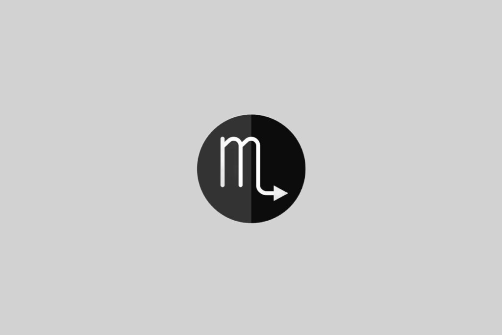 Ilustração do signo de Escorpião, contendo traço branco em forma de "m" com seta ao final, sobre fundo cinza com círculo preto dividido ao meio em dois tons.