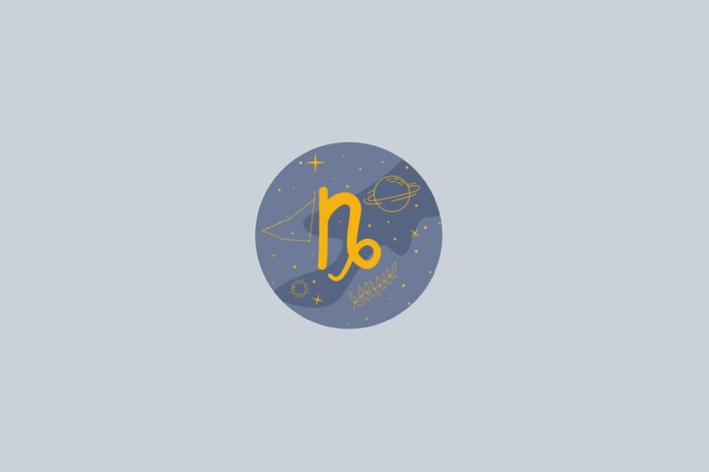 Ilustração do signo de Capricórnio, contendo o símbolo dourado em forma de letra V com cauda espiralada, em fundo cinza-claro