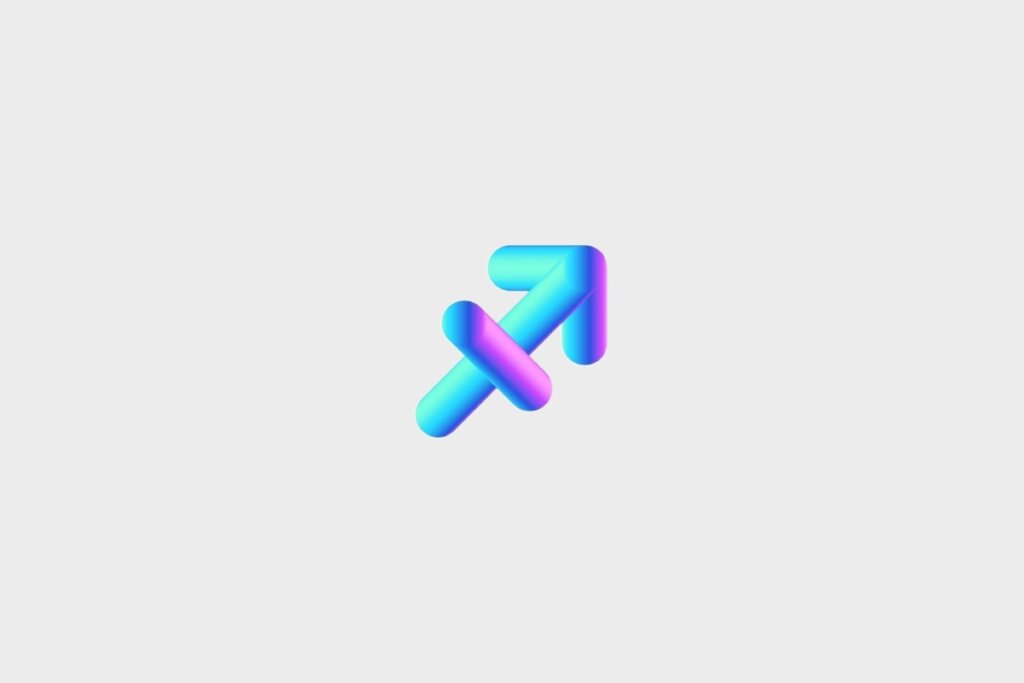 Ilustração do signo de Sagitário, em fundo cinza, contendo o símbolo em formato 3D com gradiente azul, roxo e rosa, representado por uma seta diagonal cruzada por uma barra transversal