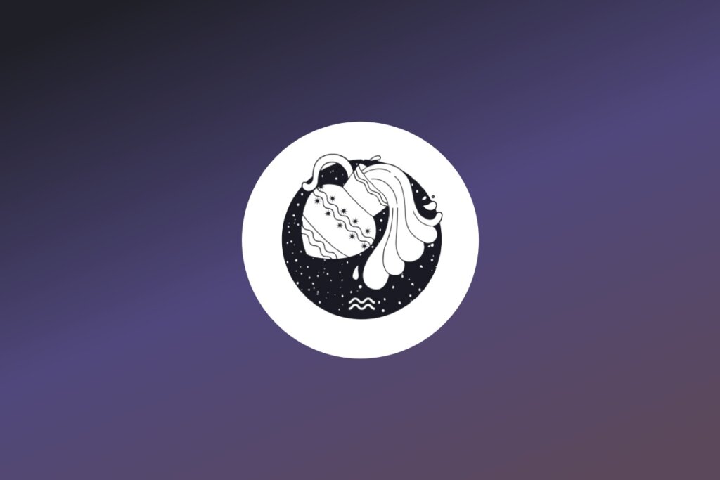 Ilustração em preto e branco do signo de Aquário, representando um vaso de cerâmica derramando água, inserido em um círculo com pontos que lembram estrelas. Abaixo, o símbolo das duas ondas. O ícone está em um círculo branco sobre fundo degradê roxo.