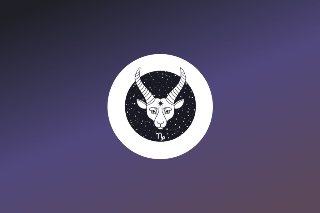 Ilustração em preto e branco da cabeça de uma cabra com longos chifres curvados, símbolo do signo de Capricórnio, dentro de um círculo preto pontilhado como o céu noturno. Inclui o símbolo do signo na base, centralizado em um fundo roxo degradê.