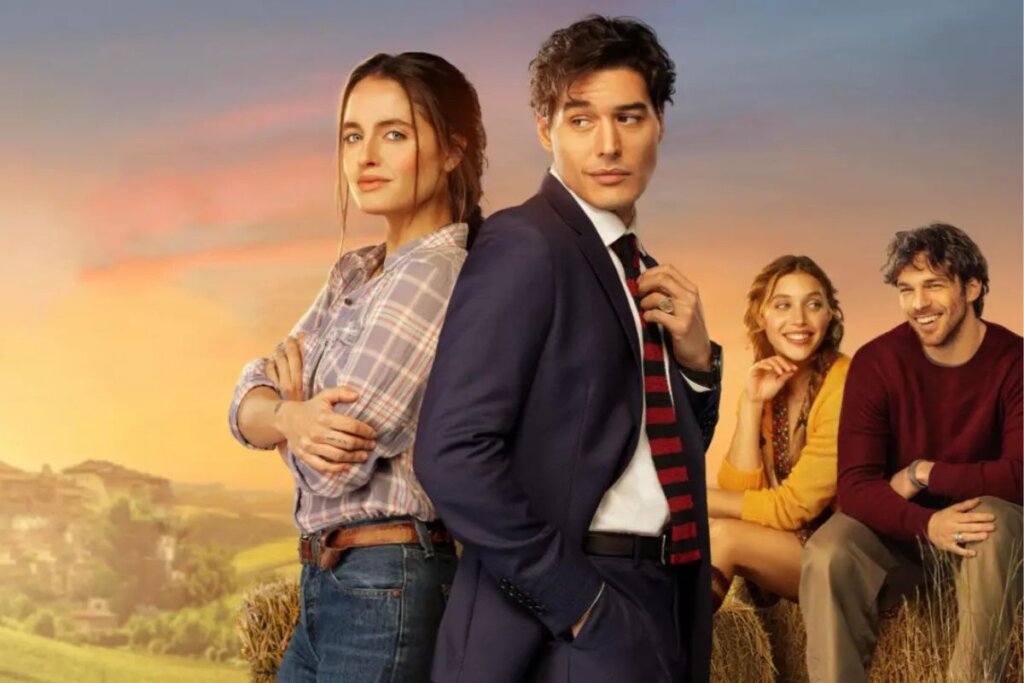 Capa do filme "Da Toscana Com Amor", com os personagens lado a lado de costas um para o outro, enquanto suas versões mais novas estão sentadas ao fundo