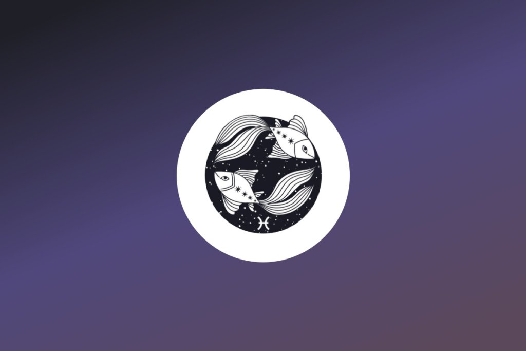 Ilustração minimalista em preto e branco do signo de Peixes, mostrando dois peixes nadando em sentidos opostos dentro de um círculo estrelado. Abaixo deles, o símbolo astrológico do signo. O conjunto está centralizado em um círculo branco sobre um fundo degradê roxo e azul escuro.