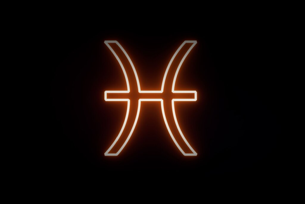 Ilustração digital do símbolo de Peixes (duas linhas curvas verticais voltadas para fora, conectadas por uma linha horizontal central). O design apresenta um efeito luminoso neon laranja e branco contra um fundo preto sólido.