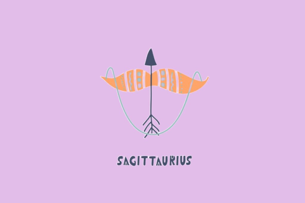 Desenho de um arco e flecha em estilo lúdico sobre fundo lilás. O arco é laranja com detalhes decorativos e a corda é verde-clara. Uma flecha escura aponta para cima. Abaixo, o texto "SAGITTARIUS".