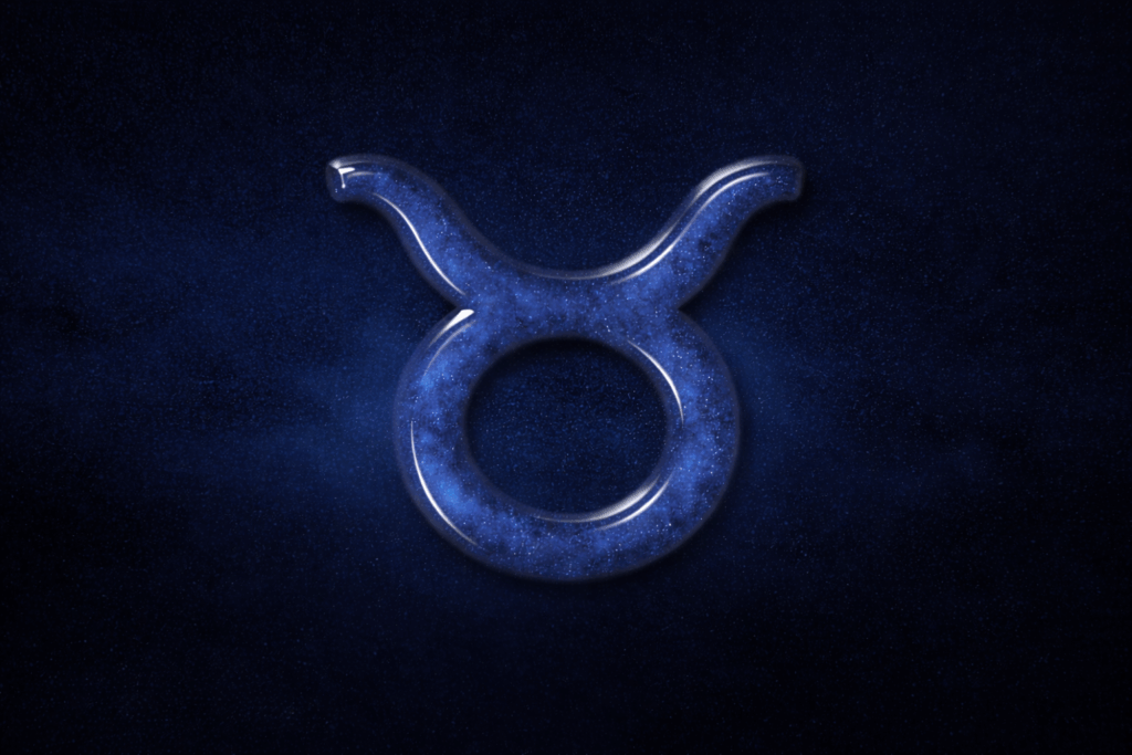 Ilustração do símbolo de Touro em um estilo de vidro translúcido azul com textura de galáxia estrelada em seu interior, sobre um fundo de céu noturno azul-escuro profundo e estrelado