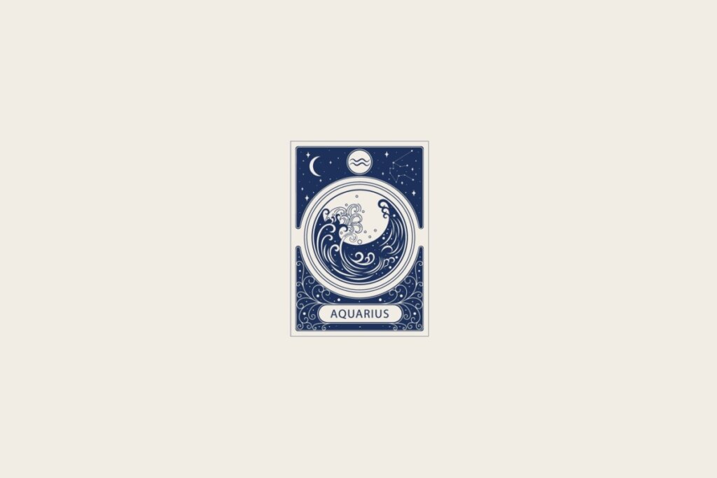 Ilustração do signo de Aquário em azul dentro de uma carta e com fundo bege-claro