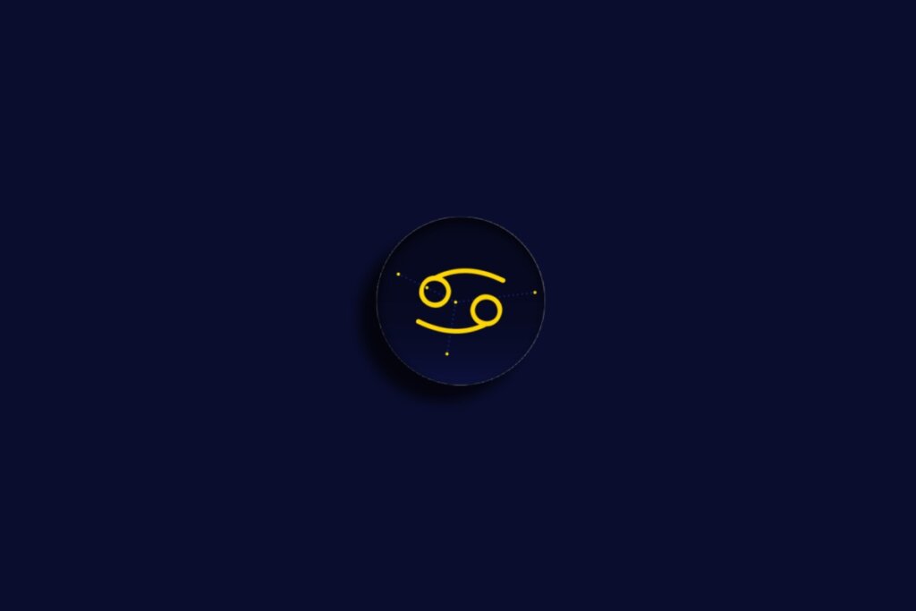 Ilustração do signo de câncer em amarelo sobre um fundo azul-escuro