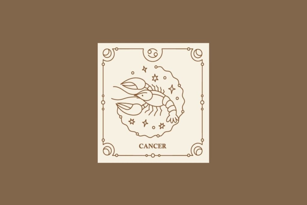 Ilustração do signo de câncer em um quadrado bege, com detalhes marrons ao redor, sobre um fundo marrom