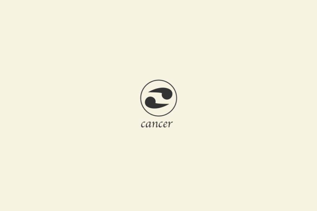 Ilustração do signo de câncer na cor preta, com um círculo em volta e o nome abaixo, sobre um fundo cinza-claro