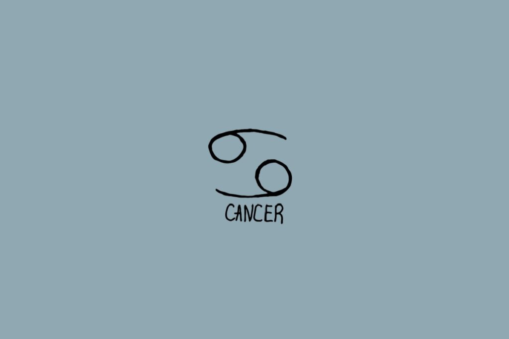 Ilustração do signo de câncer em preto em um fundo cinza com o nome do signo embaixo