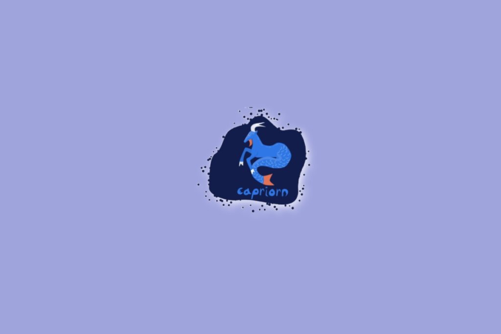 Imagem com um fundo lilás e, no centro, um desenho representando o signo de Capricórnio, com a palavra “capricorn” abaixo