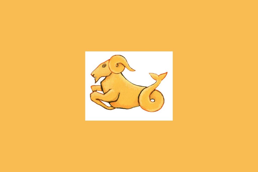 Uma ilustração simples de uma cabra estilizada, representando o signo de Capricórnio, sobre um fundo claro cercado por um tom alaranjado