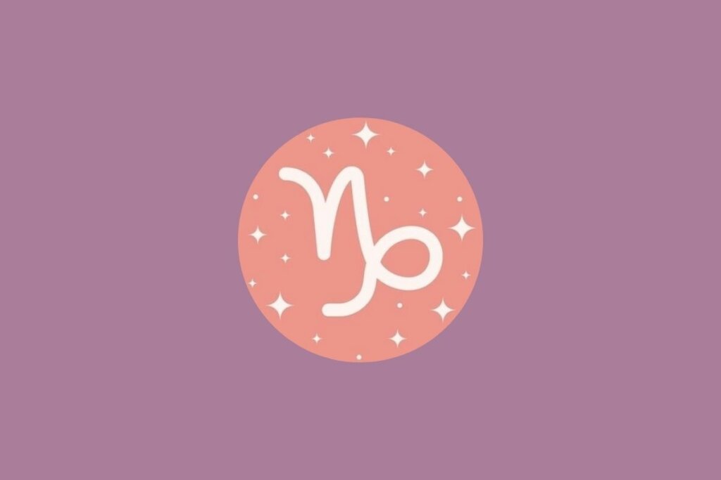 Ilustração do signo de capricórnio em um círculo rosa com estrelas e em um fundo roxo