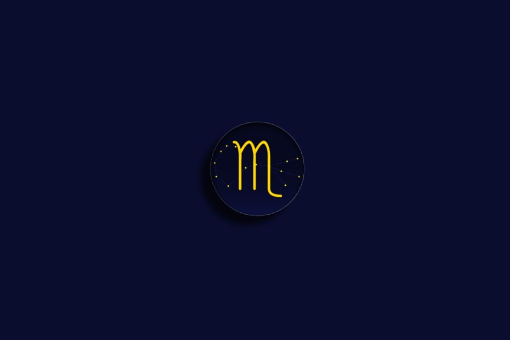 Ilustração do signo de escorpião em amarelo sobre um fundo azul-escuro