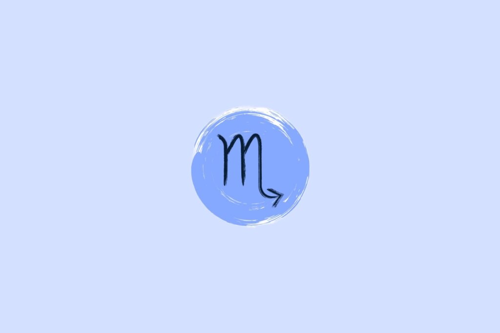 Ilustração do signo de escorpião na cor preta em um fundo azul-claro