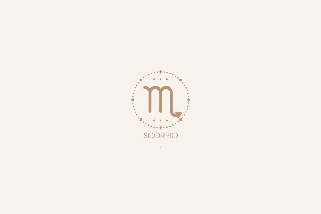 Símbolo do signo de Escorpião em tom bege, dentro de um círculo decorativo, com o nome escrito abaixo sobre fundo claro