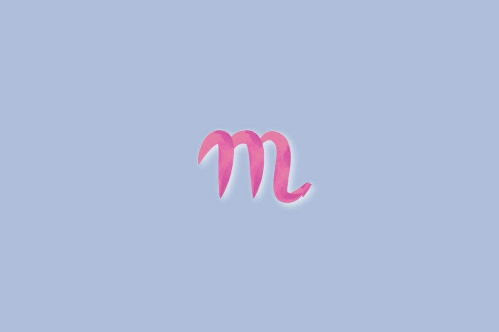 Ilustração do signo de escorpião na cor rosa e sobre um fundo azul-claro