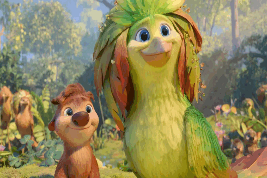 Ilustração de um animal marrom ao lado de pássaro verde com penas laranjas na floresta