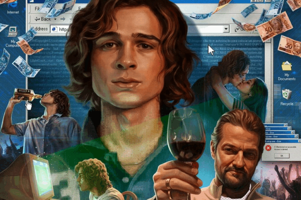 Montagem com ilustração de um jovem com o cabelo curto, bebendo e beijando uma mulher e outra usando um computador com seu rosto maior ao centro e embaixo a imagem de um homem erguendo uma taça de vinho