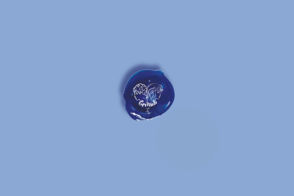 Ilustração do signo de gêmeos em um círculo com fundo azul e branco com estrelas