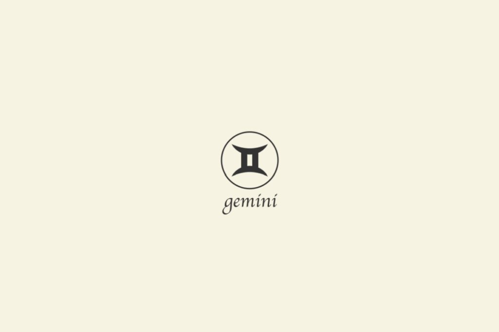 Ilustração do signo de gêmeos na cor preta, com um círculo em volta e o nome abaixo, sobre um fundo cinza-claro