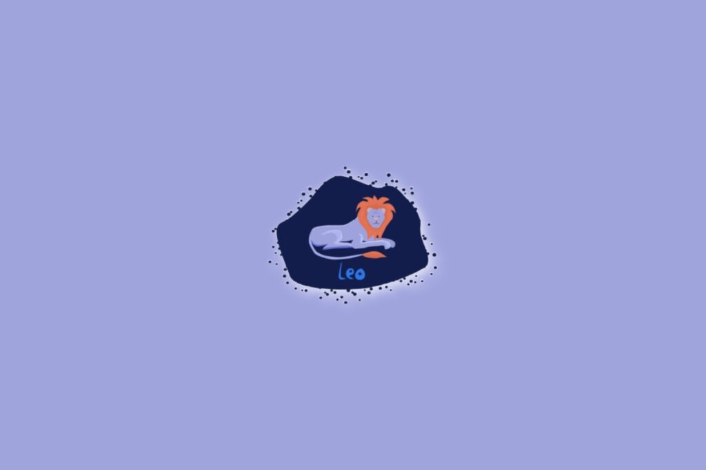 Imagem com um fundo lilás e, no centro, um desenho representando o signo de Leão, com a palavra “leo” abaixo