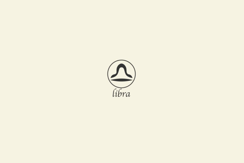 Ilustração do signo de libra na cor preta, com um círculo em volta e o nome abaixo, sobre um fundo cinza-claro