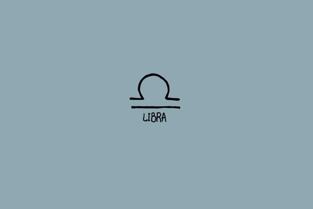 Ilustração do signo de libra em preto em um fundo cinza com o nome do signo embaixo