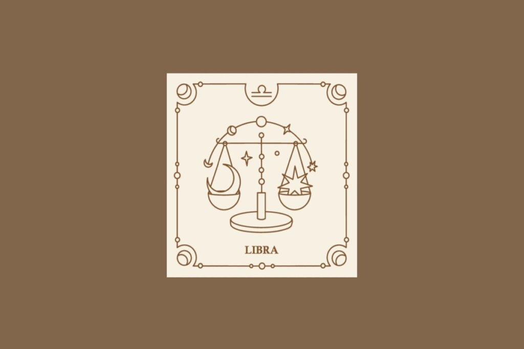Ilustração do signo de libra em um quadrado bege, com detalhes marrons ao redor, sobre um fundo marrom