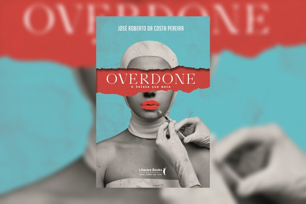 Capa de livro azul com título escrito em branco em faixa vermelha, com imagem de uma mulher com uma toca branca tendo botox aplicado em sua boca por mãos com luvas brancas