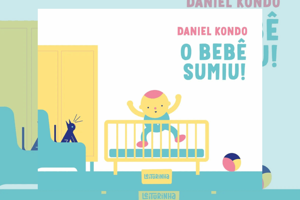 Capa de livro branca com ilustração de bebê vestido de verde dentro de berço amarelo no quarto em tons de amarelo e verde 