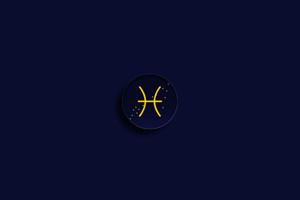 Ilustração do signo de peixes em amarelo sobre um fundo azul-escuro