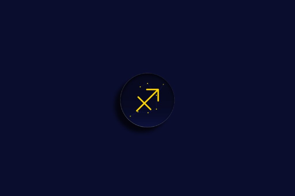 Ilustração do signo de sagitário em amarelo sobre um fundo azul-escuro