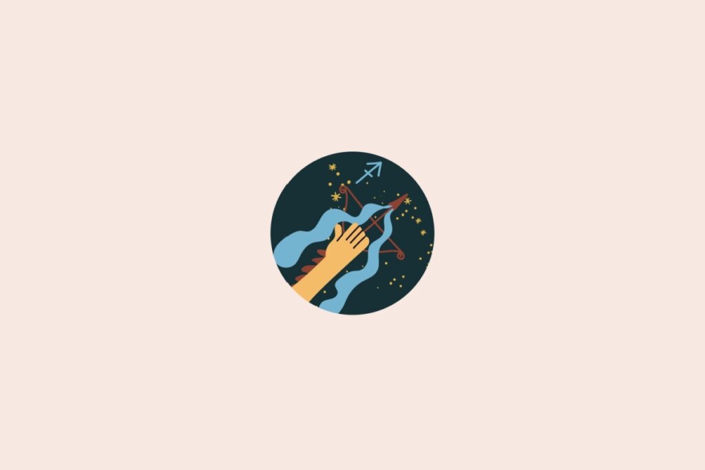 Um desenho de um arqueiro representando o signo de Sagitário, dentro de um círculo, com fundo escuro e pequenos elementos que lembram estrelas