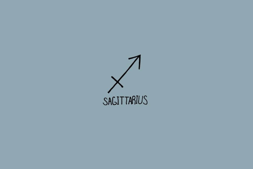 Ilustração do signo de sagitário em preto em um fundo cinza com o nome do signo embaixo