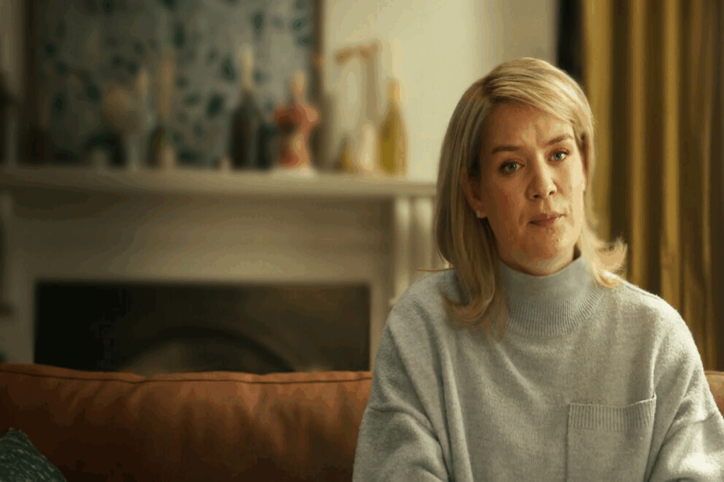 Mulher com cabelo curto loiro usando blusa de moletom de gola alta cinza sentada em sofá marrom na sala olhando para a câmera