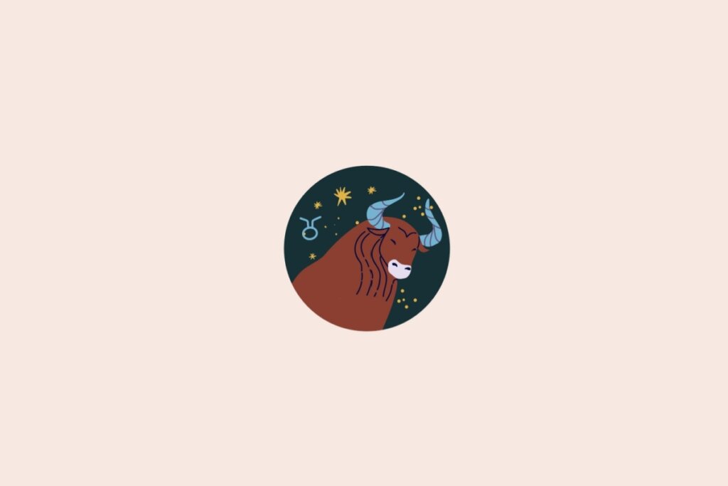 Um desenho de um touro representando o signo de Touro, dentro de um círculo, com fundo escuro e pequenos elementos que lembram estrelas
