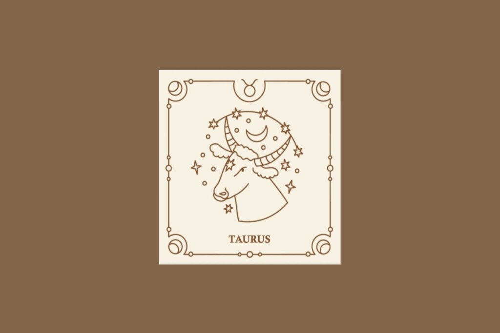 Ilustração do signo de touro em um quadrado bege, com detalhes marrons ao redor, sobre um fundo marrom