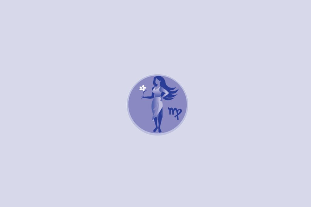 Imagem com ilustração do signo de Virgem, representado por uma figura feminina estilizada em tons de azul dentro de um círculo sobre fundo claro