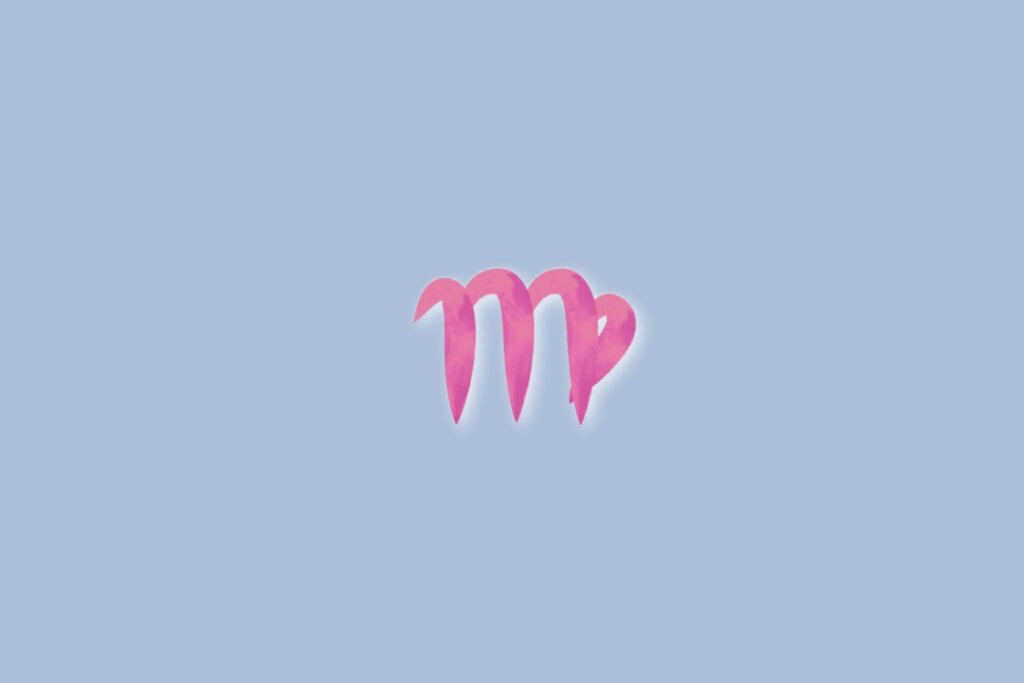 Ilustração do signo de virgem na cor rosa e sobre um fundo azul-claro