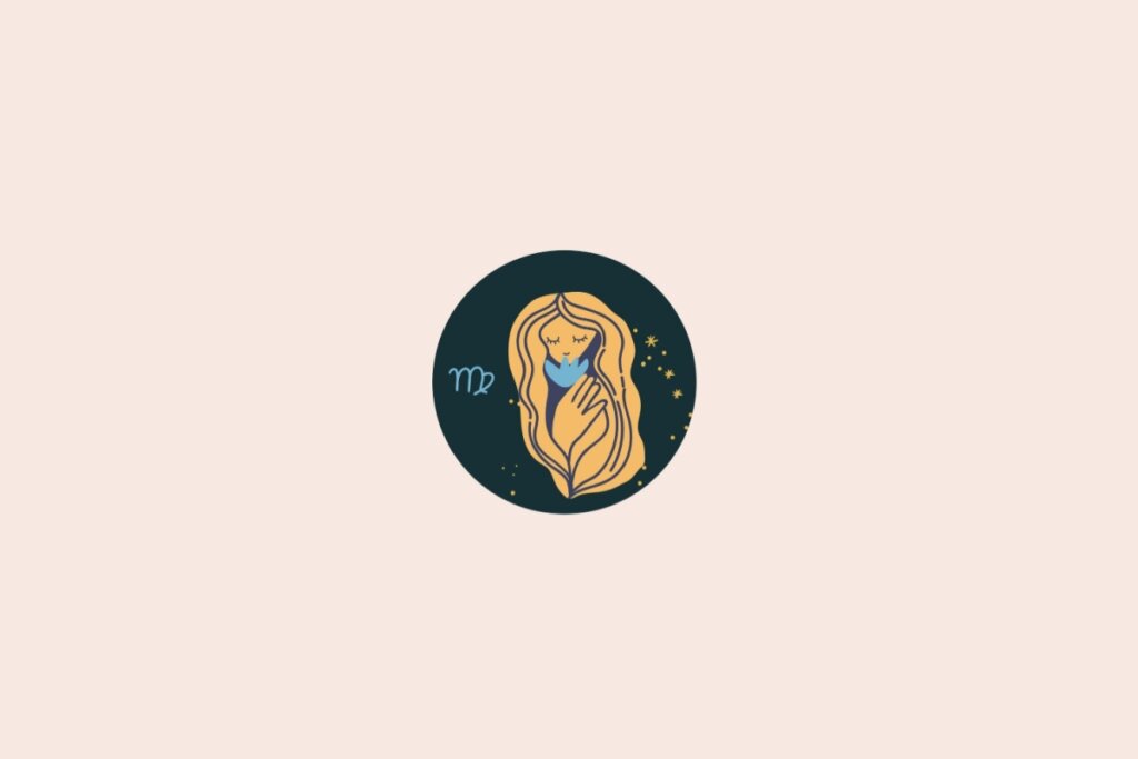 Um desenho de uma figura feminina representando o signo de Virgem, dentro de um círculo, com fundo escuro e pequenos elementos que lembram estrelas