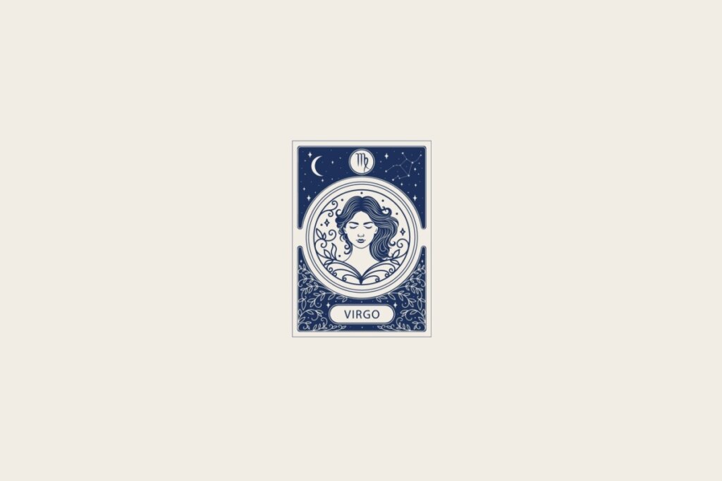 Ilustração do signo de Virgem em azul dentro de uma carta e com fundo bege-claro