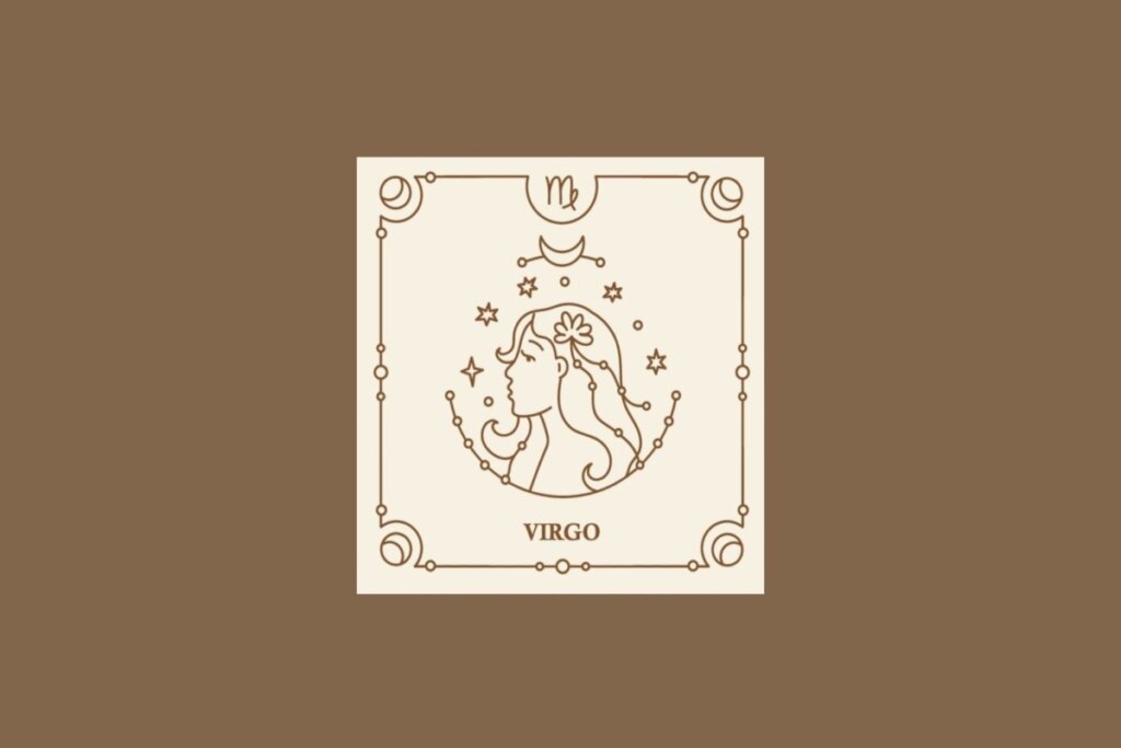 Ilustração do signo de virgem em um quadrado bege, com detalhes marrons ao redor, sobre um fundo marrom