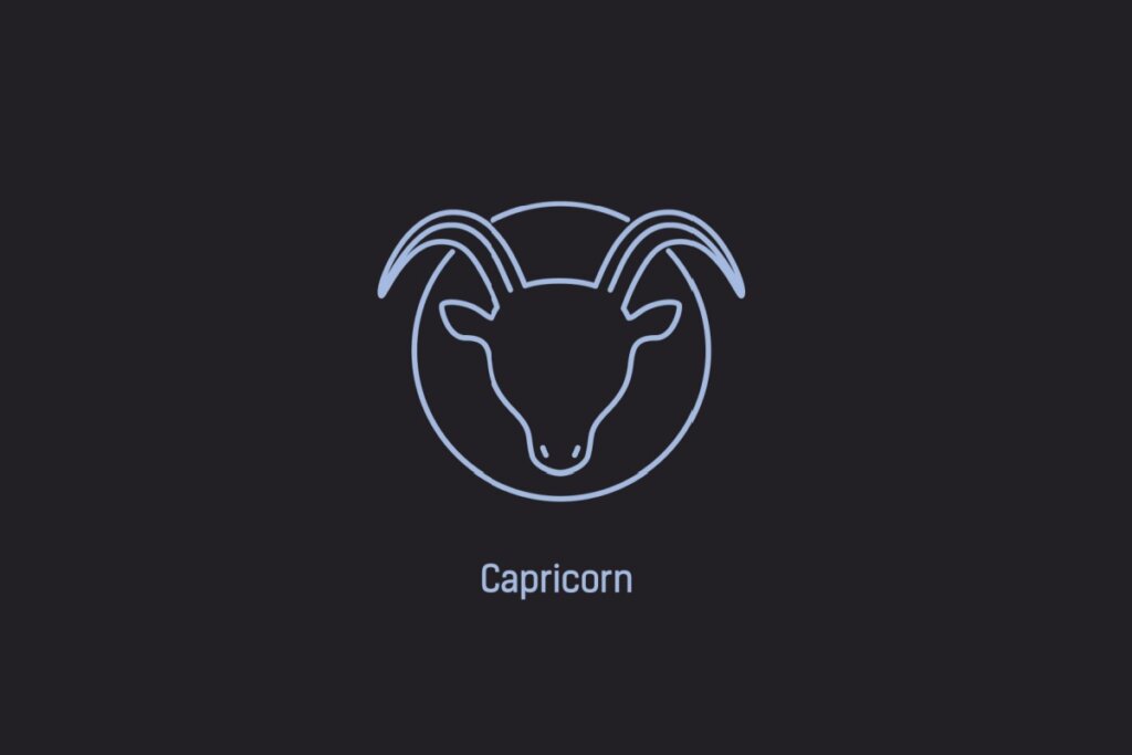 Ilustração do signo de Capricórnio contendo a cabeça de um bode com chifres curvos, em um fundo azul-escuro