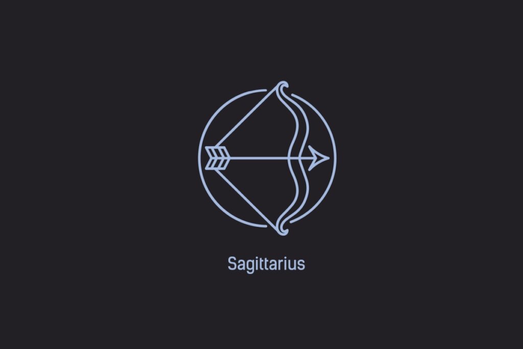 Ilustração do signo de Sagitário contendo um arco com uma flecha apontada para a direita, em um fundo azul-escuro