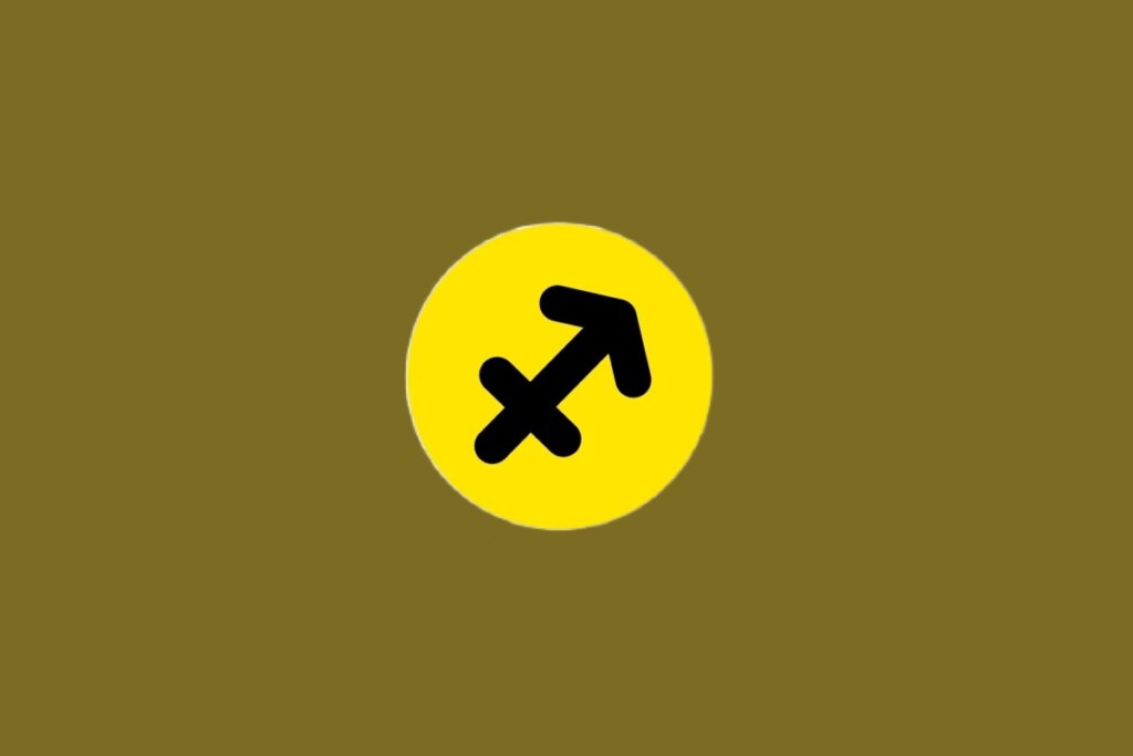 Ilustração do signo de Sagitário, contendo glifo preto de flecha apontada para o alto à direita, em círculo amarel