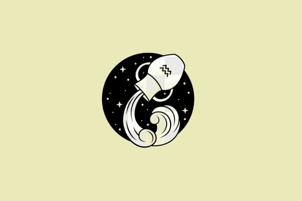 Ilustração do signo de Aquário em preto sobre um fundo amarelo