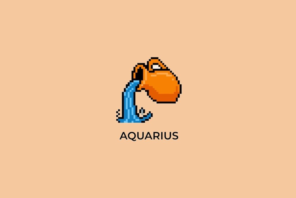 Ilustração do signo de Aquário, em fundo alaranjado, contendo um jarro em estilo pixel art despejando água azul