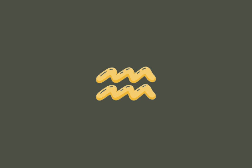 Ilustração do signo de Aquário, contendo um símbolo em formato de duas linhas onduladas paralelas na cor amarelo-claro, em fundo esverdeado-escuro